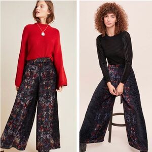 Anthropologie x Kachel Velvet Black Metallic Burnout Wide-Leg Pants Size 2